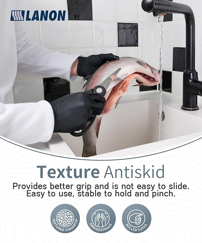 LANON Protection Food Safe Disposable Nitrile Gloves, Latex-Free, Powder-Free, Silicone-Free, Textured Fingertips, Cooking, Black，Medium
