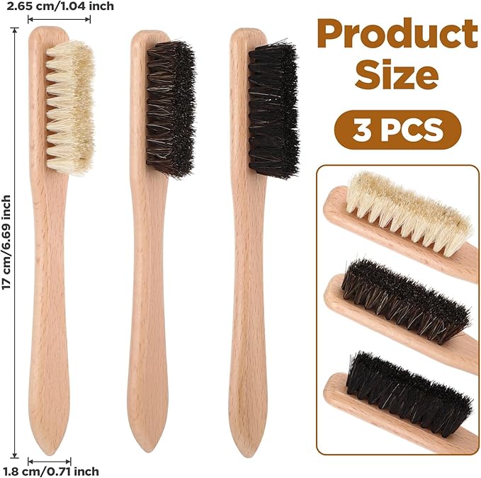 3 Pcs Wood Laundry Stain Brush Set With Boar And Horse Hair Bristles, Stain Remover Brush For Clothes, Fabric, Furniture And Leather