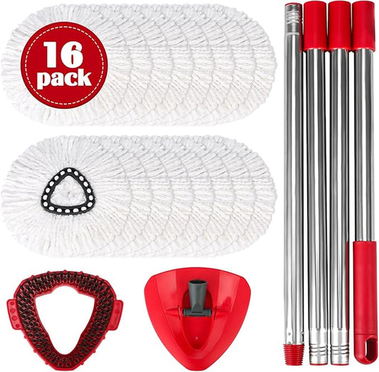 Spin Mop Replacement Set for O-Ceda EasyWring 1-Tank System, 16 Microfiber Spin Mops Refills,1 Scrubber Head,1 Triangle Spin Base,and(31-63in) Adjustable Handle Set Combo