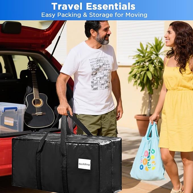 Extra Large Moving Bags Heavy Duty Storage Bags with Zipper Handles, BETU 4 Pack Clothes Storage Totes Bins Packing Moving Boxes, Moving Supplies for College Dorm Essentials, Space Saving, Black
