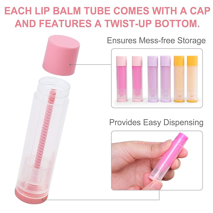 LotFancy Lip Balm Tubes Empty, 60PCS 5.5ml (3/16 Oz), Clear Lip Balm Container Tubes with Pink Caps, BPA Free & Leak Free, Refillable