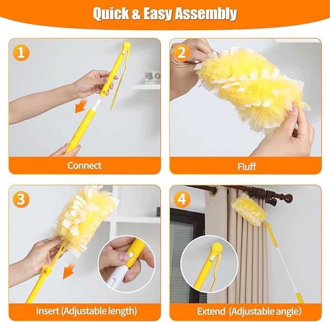 Senowi 40 Count 360° Heavy Duty Duster Refills Compatible with Swiffer,Large Size-Extra Thick Disposable Electrostatic Feather Duster Refill with 1 Retractable Handle(35-inch Length Fully expanded)