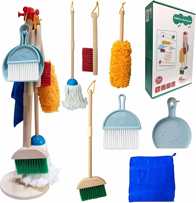 PetGlobal Kids Cleaning Set, 8 Pack Wooden Housework Cleaning Includes Broom Mop Duster Dustpan Brushes Rag and Organizing Stand, Solid Beech Wood , Cleaning Toys Gift for Toddlers Girls Boys Age 3-8