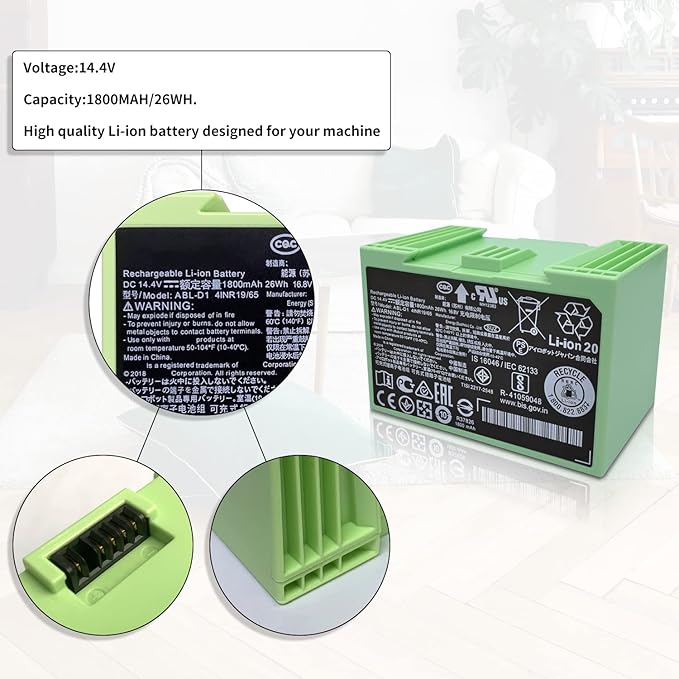 for iRobot Roomba e e5 e6 e5150 e5152 e6198 and i i3 3150 i3+ 3550 i4 4150 i4+ 4552 i6 I7 i7158 i7+ 7150 7550 i8 Plus Replacement Lithium Ion Battery ABL-D1 4624864 4INR19/65 DC 14.4V 1800MAH/26WH
