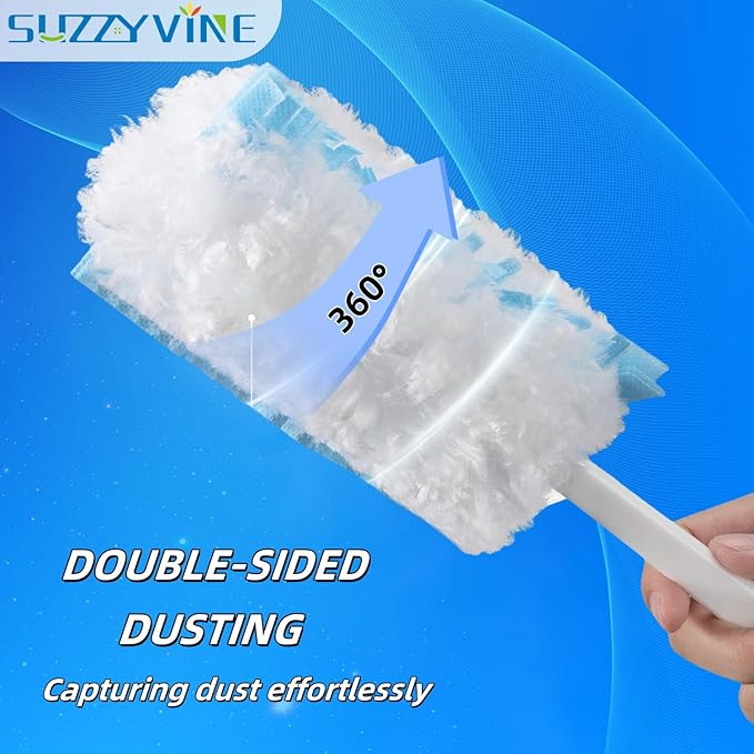 SUZZYVINE Duster Refill 360 Degrees with a Long Handle Plus a Short Handle, 12 Count Duster Refills,Blue and White