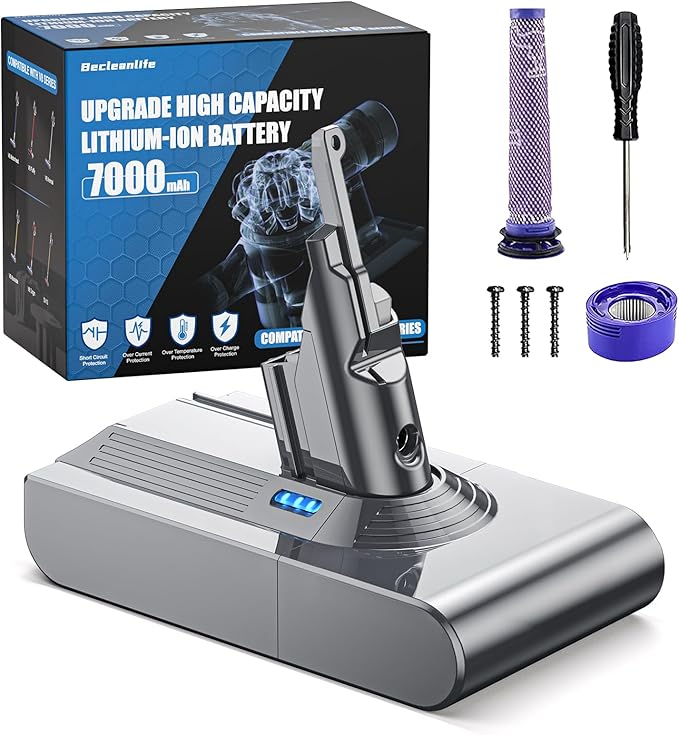 Becleanlife 7000mAh V8 Battery Replacement Compatible with Dyson V8 Animal/V8 Absolute/V8 Fluffy/V8 Motorhead/SV10 Carbon Fiber Vacuum Cleaner Battery with 2 Filters and 3 Screws Included