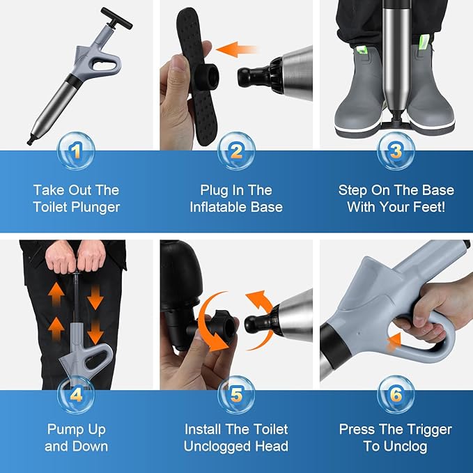 Mieaoll Toilet Plunger, High Pressure Toilet Plunger,Toilet Auger Air Drain Blaster with Real-Time, Heavy Duty Plunger for Bathroom and Plumbing Clogs (Grey)