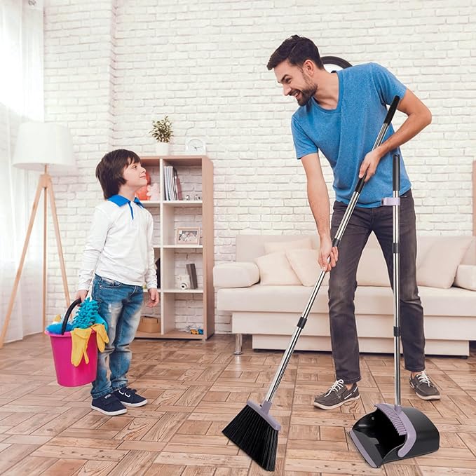 XXFLOWER Broom and Dustpan Set, Dustpans with Broom Combo for Home, Heavy Dust Broom and Dustpan Combo, Long Handle Dust Pan and Broom Set for Kitchen, Office, Pet Hair, Charcoal Color, Pack of 1