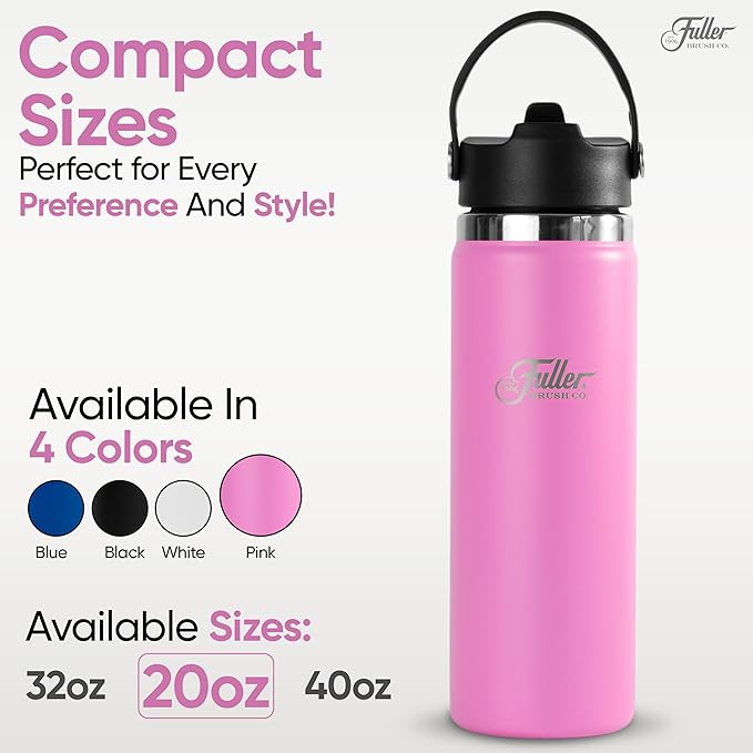 Fuller Stainless Steel Water Bottle with Straw Lid – BPA-Free, Sweat-Proof, Leak-Proof Travel Mug – Double Wall Insulated for Hot & Cold Drinks – Carry Handle (Bright Pink, 20 Oz.)