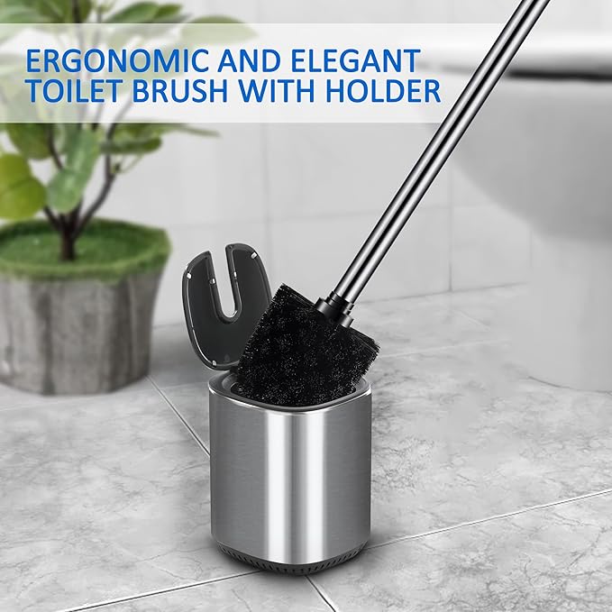 Leadfun Toilet Bowl Brush and Holder, Toilet Brush with Stainless Steel Handle and Durable Bristles for Bathroom Cleaning, Automatic Closing Holder Set (Silver)