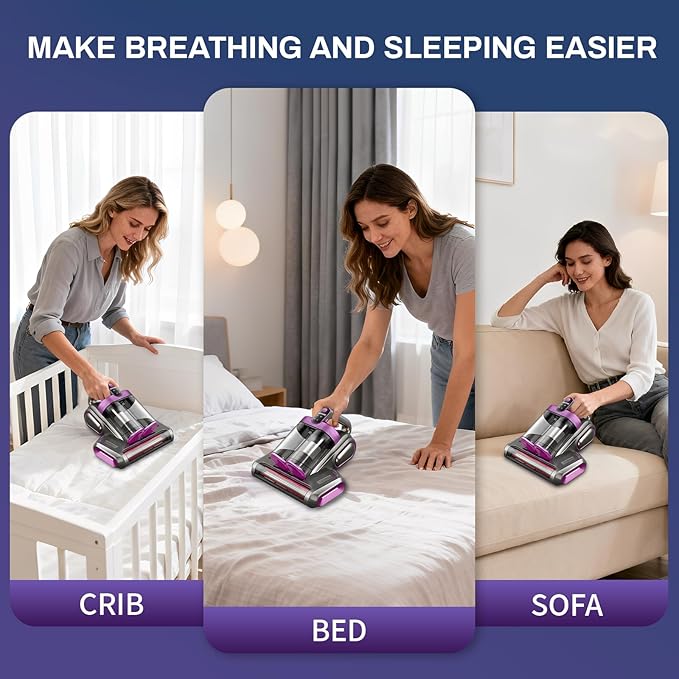 SRGARH Cordless Mattress Vacuum Cleaner, 16kpa Bed Vacuum Cleaner with 253.7nm Uv-C Light & Ultrasonic Tech Dual Bins for Dust & Widen Suction Port 120w for Bed Sofa & Pet Hair(Purple)