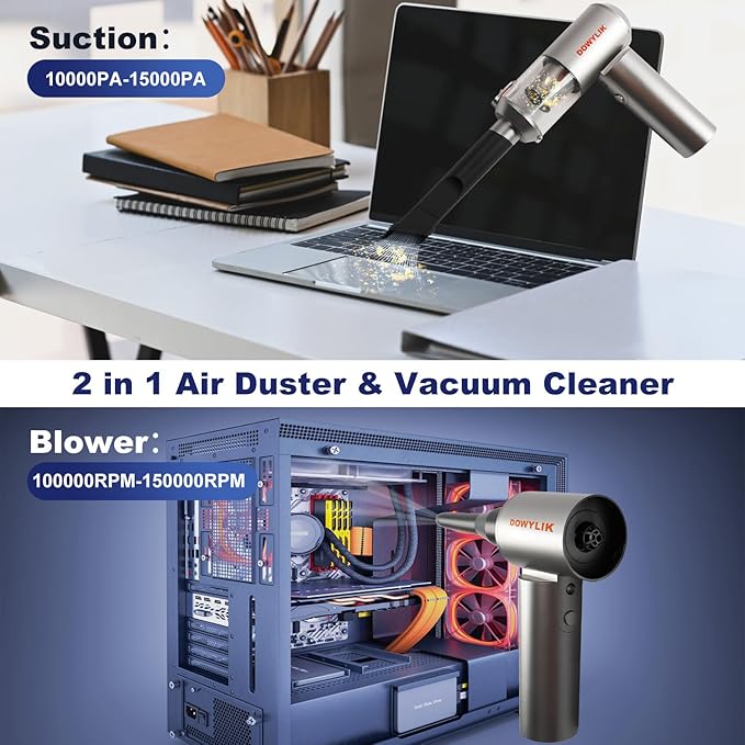 DOWYLIK Compressed Air Duster, 150,000RPM Compressed Air with LED, 2-in-1 Mini Vacuum, Electric Air Duster for PC Cleanning Kit, Canned Air Duster for Computers-Air Blower for Electronics with Case