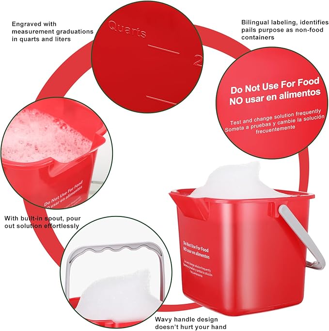 LemonRoad 3 Pcs Cleaning Bucket Small Sanitizing Square Bucket Multi-Size 3+6+8 Quart Detergent Pail for Home Commercial Restaurant Kitchen Office School Wash Rinse Sanitize Handwash(Red)