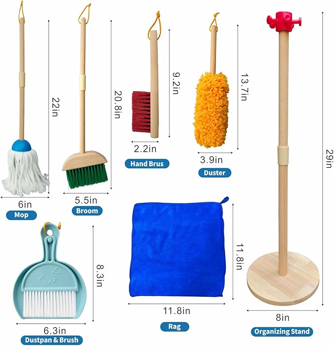 PetGlobal Kids Cleaning Set, 8 Pack Wooden Housework Cleaning Includes Broom Mop Duster Dustpan Brushes Rag and Organizing Stand, Solid Beech Wood , Cleaning Toys Gift for Toddlers Girls Boys Age 3-8
