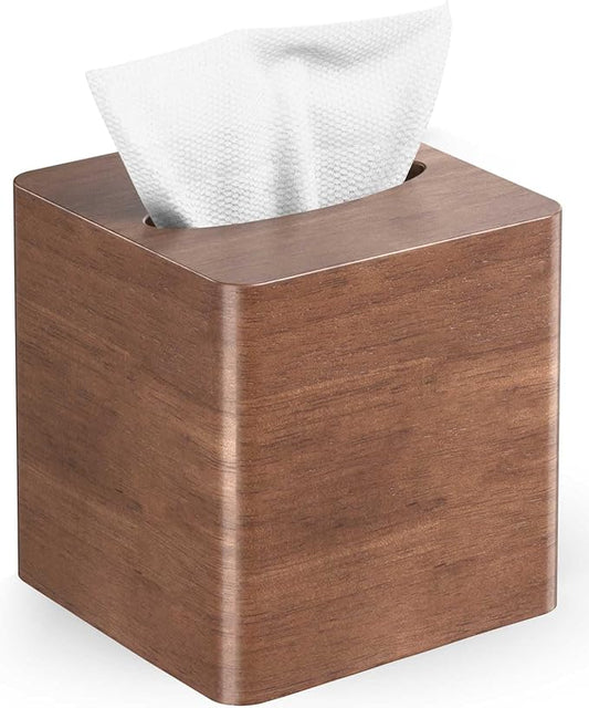 Livelab Tissue Box Cover Square - Oak Wood Tissue Box Holder for Living Room, Dinner Table, Bathroom, Office - Decorative Wooden Cube Facial Tissue Cover for Modern Farmhouse Home Decor | Brown
