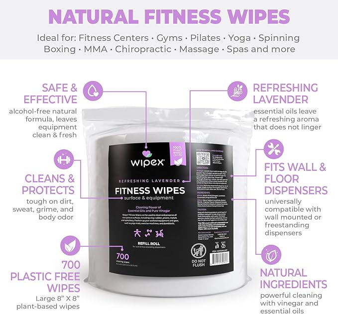 Wipex Plant-Based Gym Wipes Refill - 700 Count, 8"x8" Gym Cleaner for Equipment with Vinegar & Lavender Essential Oil, Fits Dispensers, Lavender Scented Fitness Equipment Wipes, Pack of 1