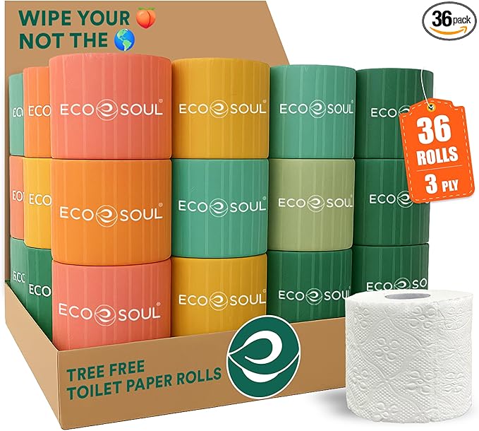 Eco Soul Premium Bamboo Toilet Paper 3 Ply | 36 Mega Rolls | 300 Sheets Each | FSC Certified Hypoallergenic, Textured & Skin-Friendly Septic-Safe Soft Bathroom Tissue Eco-Friendly Chemical & Dye Free