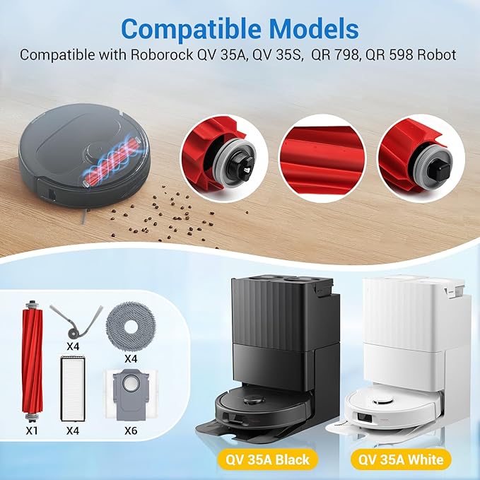 Bluevisk QV 35A Replacement Parts for Roborock QV 35A QV 35S QR 598 QR 798 Robotic Vacuum Cleaner with 1 Roller Brush,4 Mops,4 HEAP,4 Side Brushes,6 Dust Bags,1 Screwdrivers,1 Clean Brush Accessories