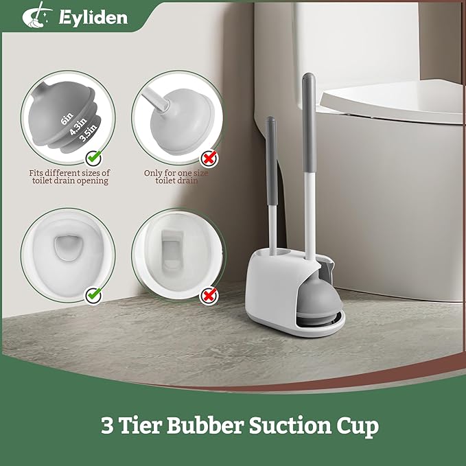 Eyliden Toilet Plunger & Brush Set, Upgrade 3-Step Suction Cup - Ultra-Tight Seal, Durable, Space-Saving Toilet Deep Cleaning Combo with Holder, Bathroom Essentials (1 Pack, White & Grey)
