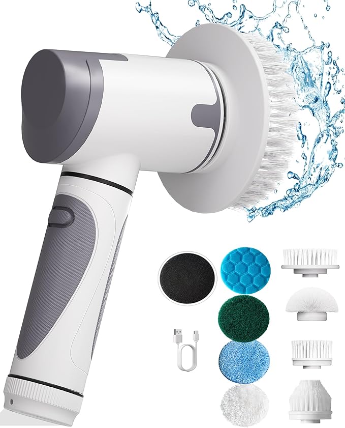 Electric Spin Scrubber,Power Scrubber Dual Speeds Cordless Shower Scrub Brush with Handle,Cleaning Brush with IPX7 Waterproof,8 Brush Heads for Kitchen,Tile,Tub (Short Purple)