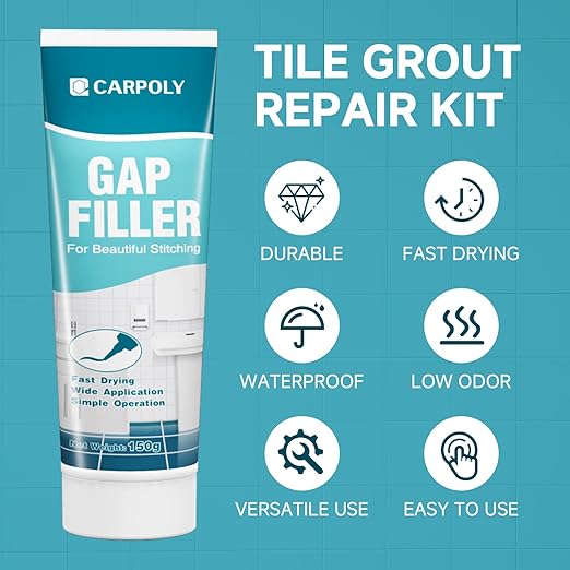 CARPOLY Tile Grout Repair Kit, Black Grout Filler for Bathroom, Kitchen, Rstore & Renew Tile Joints Line, Triple Protection, Fast Drying Shower Grout with Tools(Black, 5.29oz/150g)