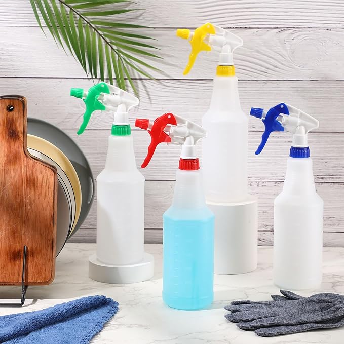 Eaasty 12 Pack Plastic Spray Bottles for Cleaning Solution 25 oz Leak Proof Mist Spraying Safe Squirt Bottle Refillable with Adjustable Head for Plants, Pet, Vinegar, BBQ(Red, Blue, Yellow, Green)