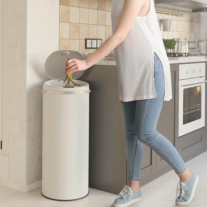 iTouchless 50 Liter / 13 Gallon Sensor Kitchen Trash Can with Odor Filter – Slim Round White Stainless Steel Automatic Garbage Recycling Bin for Home, Office, Business, Garage