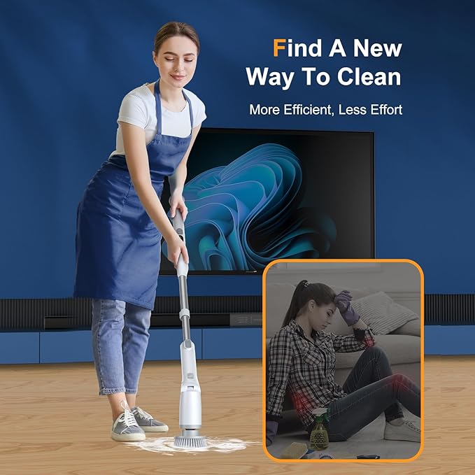 LABIGO Electric Spin Scrubber LA2 Pro, Shower Power Cleaning Brush with Display and 4 Replaceable Heads,2 Adjustable speeds, 3 Extension Handle, for Bathroom Floor Tile