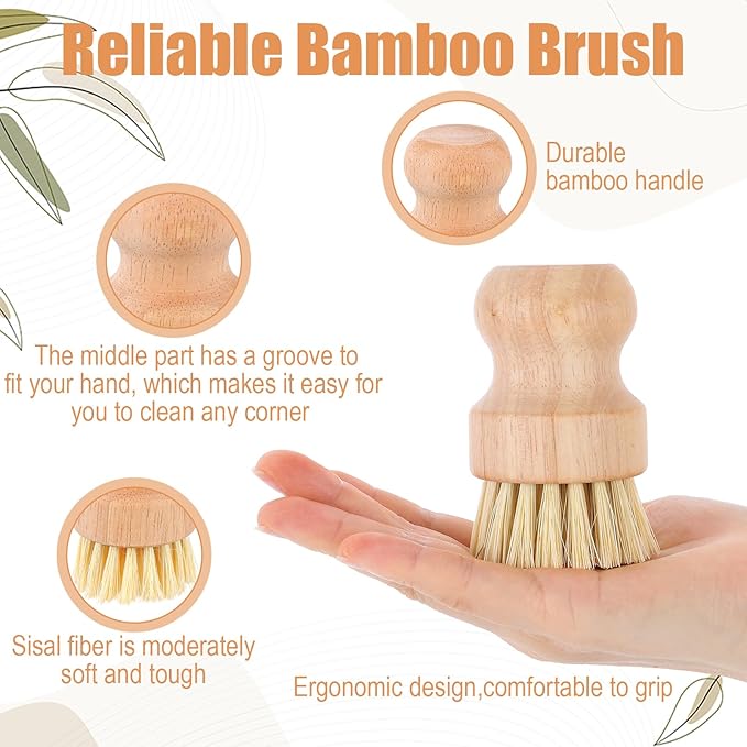 Afcabakila 12 Packs Bamboo Scrub Brush for Dishes, 2 Pcs Natural Dish Brush with Sisal Bristles, Wooden Dish Scrubber for Pots, Pans & Vegetables, Eco-Friendly Kitchen Cleaning Tools