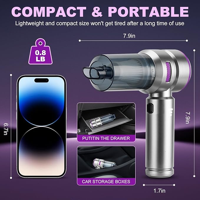 TianJQiS Handheld Car Vacuum Portable Cordless - 18000PA High Power with Brushless Motor, 4-in-1 Air Duster, Blower, Pump & Rechargeable Mini Vacuum for Car, Home, Office (Silver Grey+Purple)