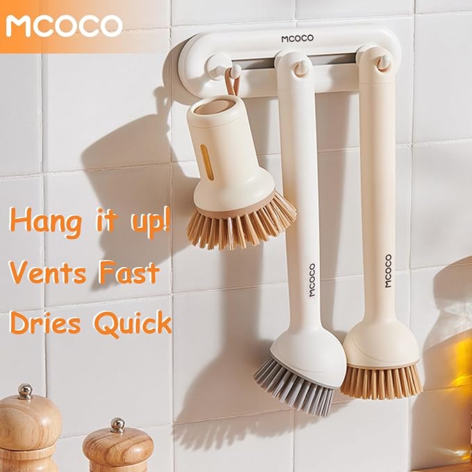 MCOCO Dish Brush Set with Soap Dispensing Palm Brush Dish Scrub Brush with Soap Dispenser Palm Dish Brush Kitchen Cleaning Brush with Ergonomic Long Handle for Cleaning Sink, Pot, Pan, Stove, White