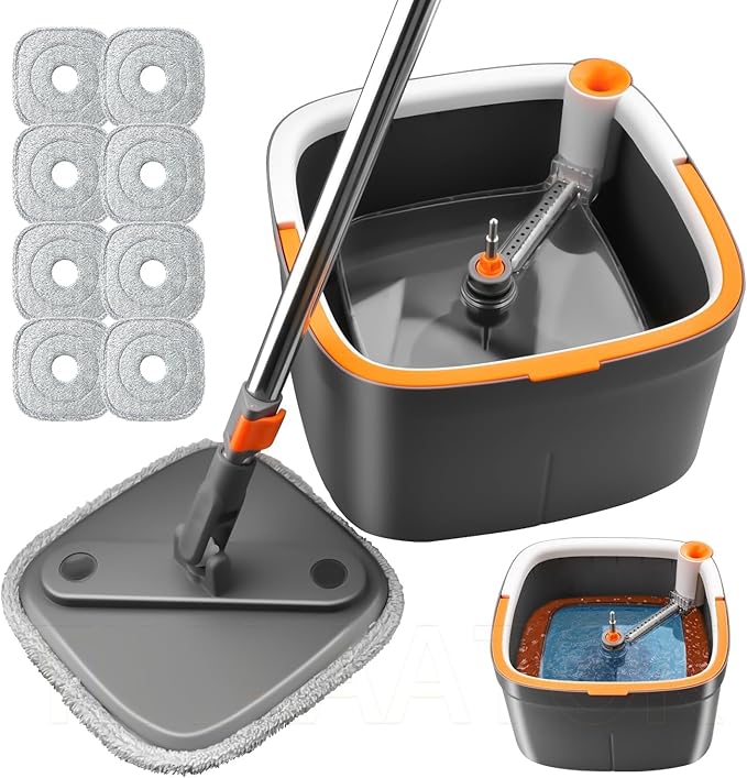 KZKR Spin Mop and Bucket Set with 8 Replaceable Microfiber Mop Pads with Self Separation Dirty and Clean Water System, Self Wringing 360° Rotating Square Mop Head for Hardwood Tile Marble Floors