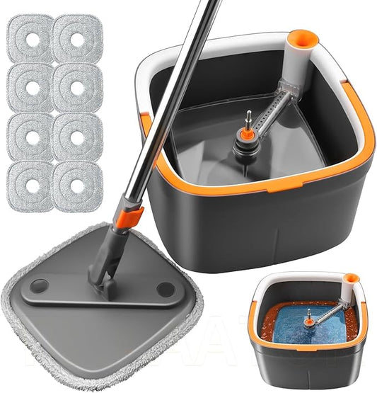 KZKR Spin Mop and Bucket Set with 8 Replaceable Microfiber Mop Pads with Self Separation Dirty and Clean Water System, Self Wringing 360° Rotating Square Mop Head for Hardwood Tile Marble Floors