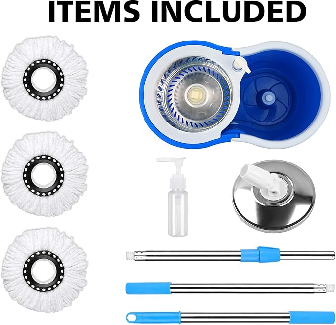 Spin Mop and Bucket with Wringer Set, 360° Mop and Bucket Set for Floor Cleaning, Stainless Steel 61" Adjustable Extended Handle with 3 Microfiber Mop Refills, Blue
