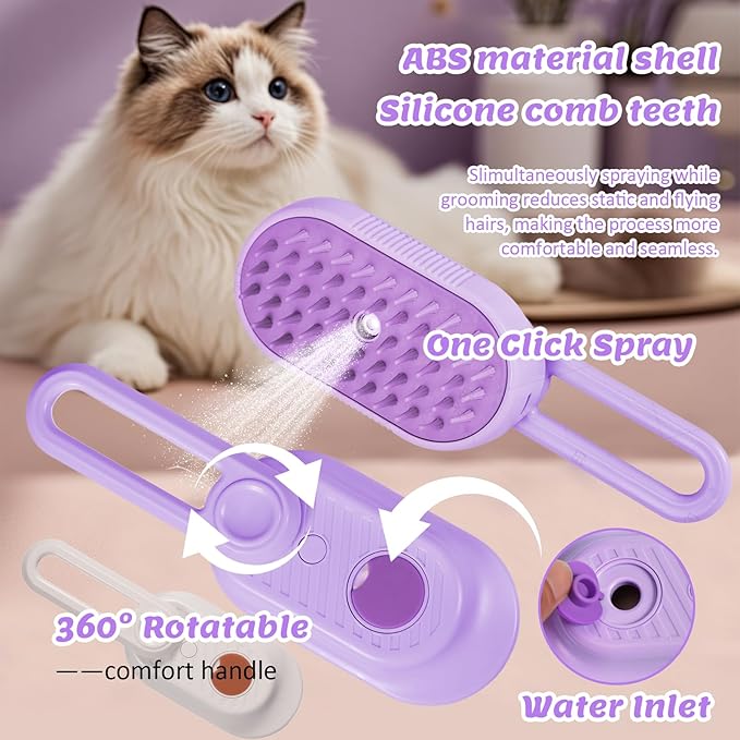Secrtji 4 in 1 Cat & Dog Steam Brush for Long/Short Hair Shedding - Rechargeable Pet Grooming Brush with Anti-Static Steam Spray, Foldable Handle & Dual Massage Modes for Home Pet Spa Cleaning