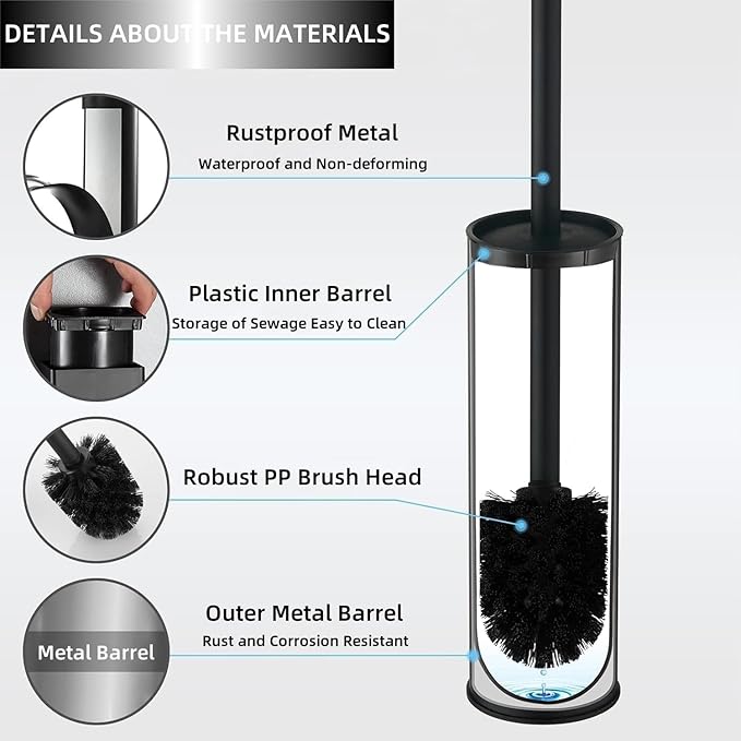 Standing Toilet Brush,Toilet Bowl Brush Holder Set,Bathroom Deep Cleaning Toilet Scrubber Rim Cleaner,304 Stainless Steel Toilet Clean Decorative Accessories for Toilet Cleaning (Matt Black) ﻿