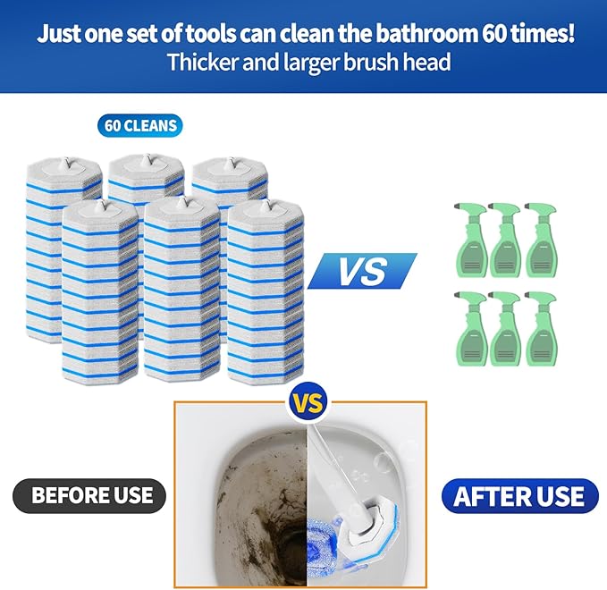 60pcs Disposable Toilet Brush Refill Pads, Replacement Brush Heads, Toilet Cleaner Refills，Disposable Wand Heads，Bathroom Cleaning，Toilet Cleaning Scrubbers Compatible with Most Toilet Brushes