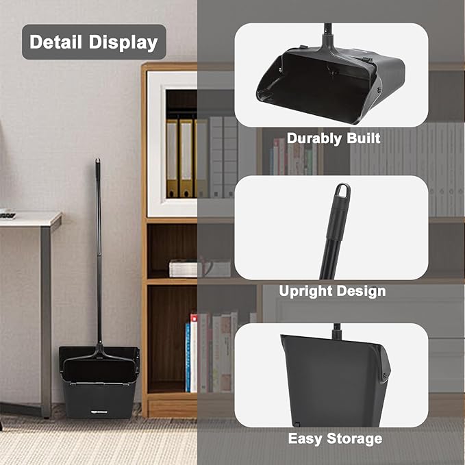 Primero Basics Pivoting Upright Dust Pan with Long Handle and Wheels, Large Capacity, Heavy Duty Commercial Dustpan for Indoor Outdoor, Standing Dust Pan for Home and Restaurant Cleaning, Black