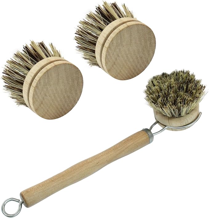 Kemcatui 8Pcs Wooden Dish Brush Set, 8Pcs Bamboo Scrub Brush Replacement Heads and 1 Handle for Kitchen Pots and Pans Cleaning Supplies(Coconut Brown)