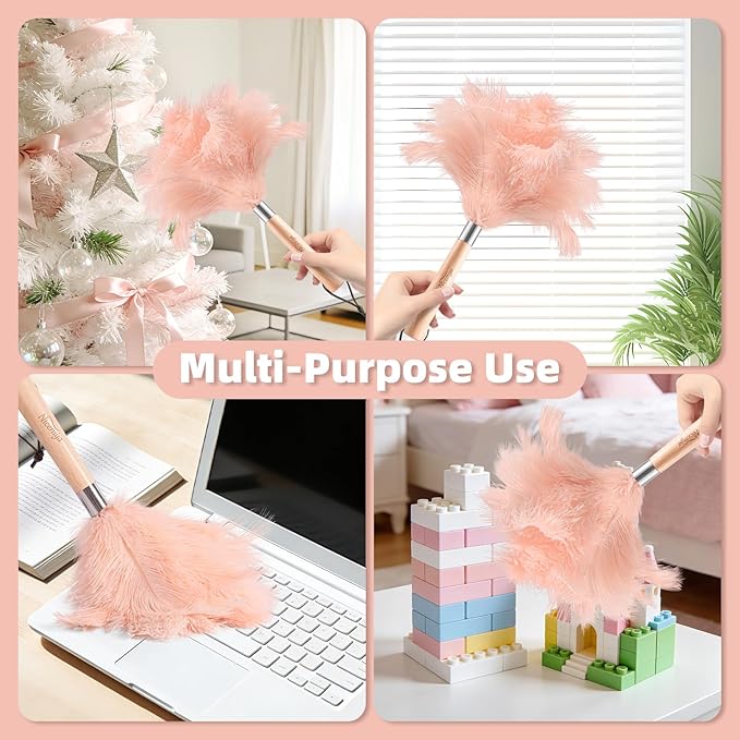 Pink Ostrich Feather Duster with Wooden Handle, 13.5 inch Natural Fluffy Cleaning Tool for Dusting Home, Car, Delicate Surfaces, Reusable Decorative Duster for Ledges, Blinds & Stylish Home Decor