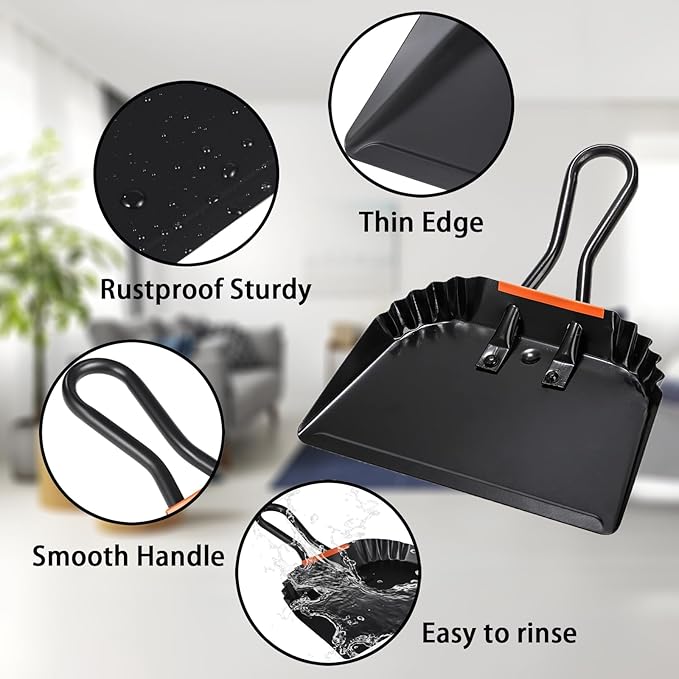 2 Pcs Black Metal Dustpan, 12 Inch Heavy Duty Steel Dust Pan with Handle Handheld Dustpan Wide Scooper for Indoor, Outdoor, Fireplace, Industrial and Commercial Use