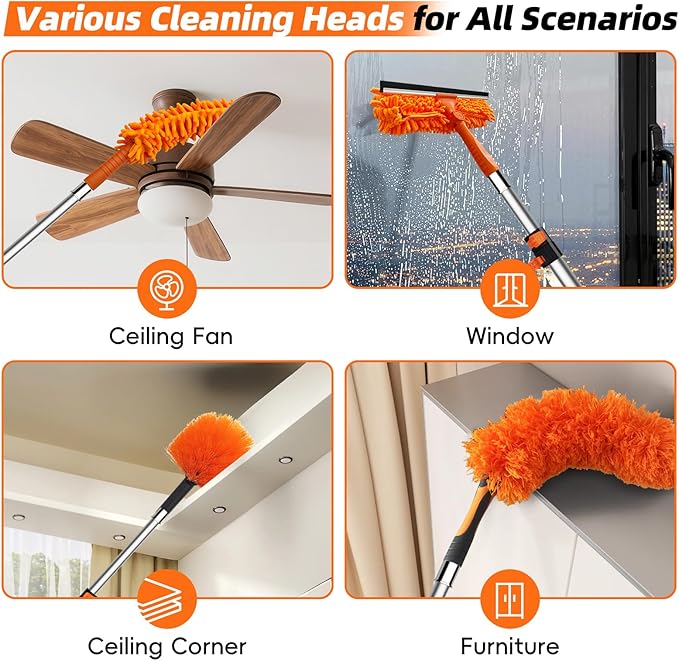 DALTACK 28 Foot High Dusters Kit for Cleaning with 5-20 Foot Heavy Duty Extension Pole, Extendable Reusable Cobweb, Feather, Ceiling Fan Cleaner Duster, Window Squeegee Kit