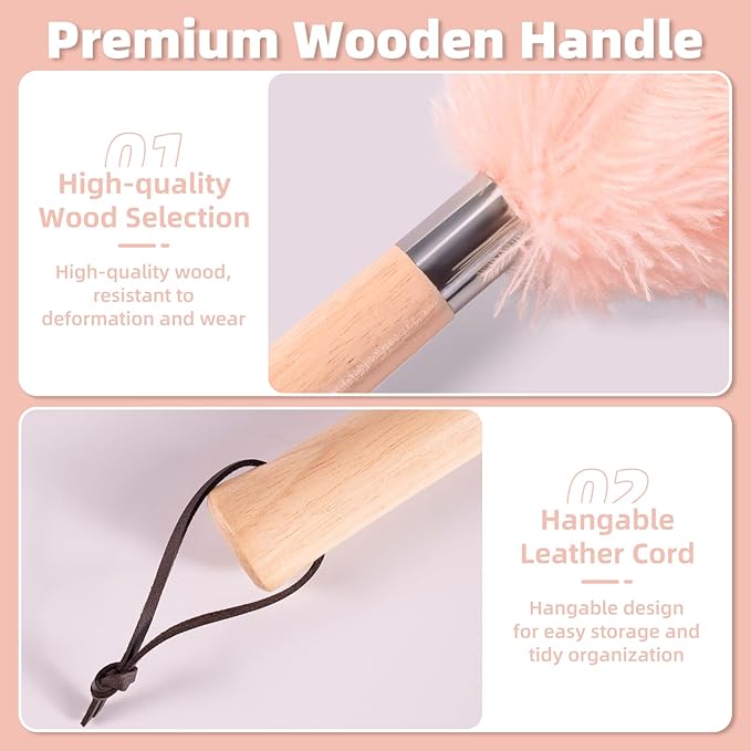 Pink Ostrich Feather Duster with Wooden Handle, 13.5 inch Natural Fluffy Cleaning Tool for Dusting Home, Car, Delicate Surfaces, Reusable Decorative Duster for Ledges, Blinds & Stylish Home Decor