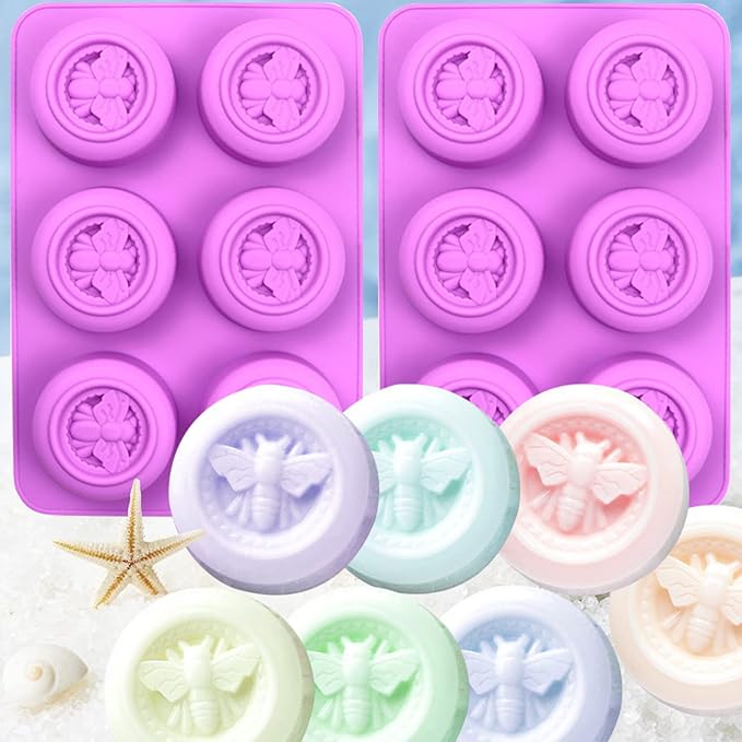 2 Pack Silicone Soap Molds, 3D 6-Cavity Round Bee Silicone Molds Homemade Soaps, Lotion Bar, Jello, Bath Bomb, Beeswax, Resin, Candle, Chocolate and Dessert (Purple)