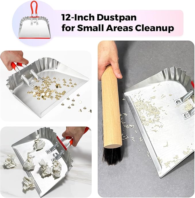 HexDorn 2 Pack Metal Dust Pan 17" and 12", Aluminum Heavy Duty Dust Pans with Non-Slip Rubber Handle, Large and Small Dustpan Set, Lightweight for Sweeping, Garage, Leaf, Household & Outdoor Cleaning