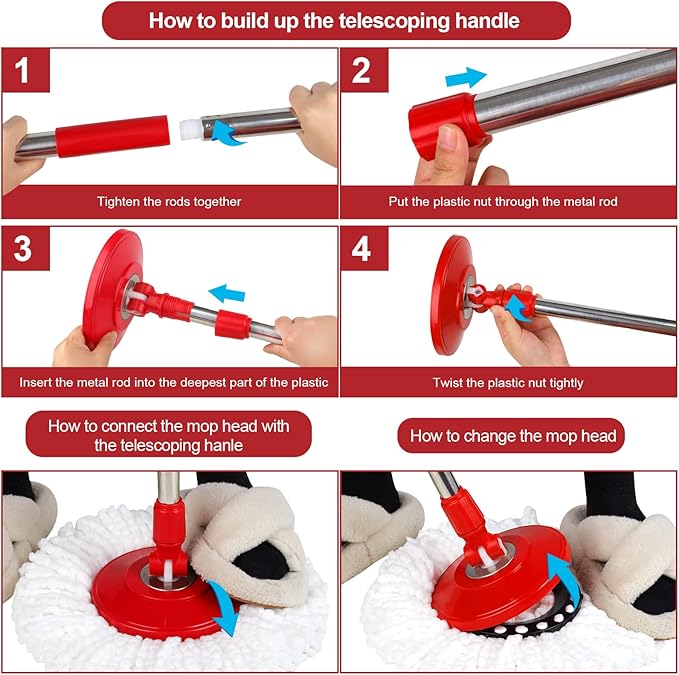 Mop Buckets Set for Floor Cleaning 360° Spin Wringer Separate Dirty Water with 3 Replaceable Microfiber Mop Head Wet and Dry Suitable for Office and Home use