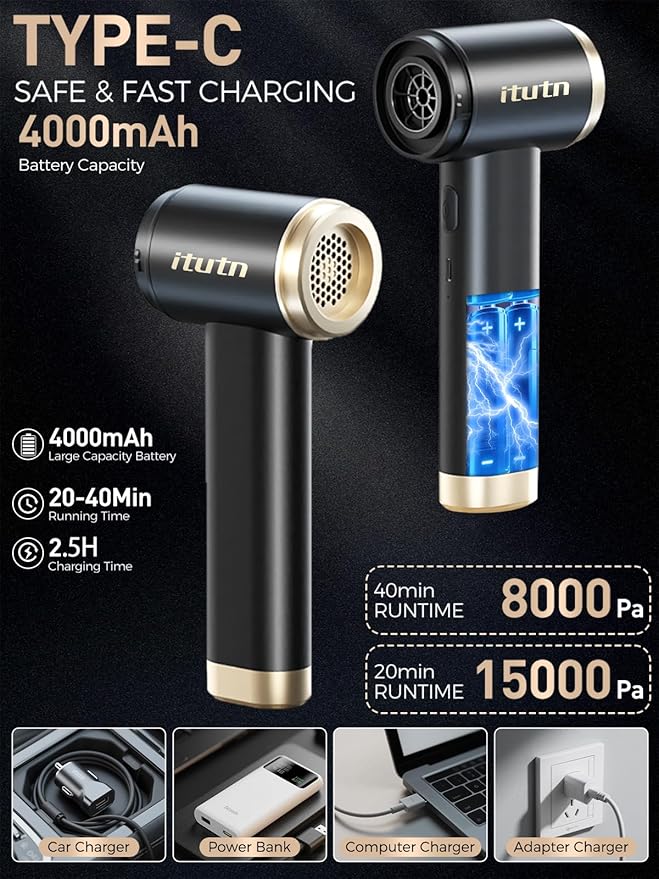 itutn Mini Car Vacuum Cleaner, 15000PA Powerful Suction, Portable Cordless Vacuum for Car, Handheld Small Vacuum Cleaner & Air Duster for Home, Desk,PC, Keyboard (Mini Vacuum + 11 attachments)