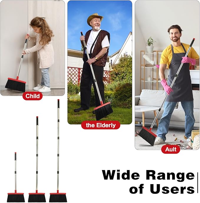 XXFLOWER Broom and Dustpan Set for Home, Broom with Dustpan Cleaning Teeth Combo Set, Indoor Sweep Broom with Long Handle for Office Home Kitchen Lobby Floor (Black Red)
