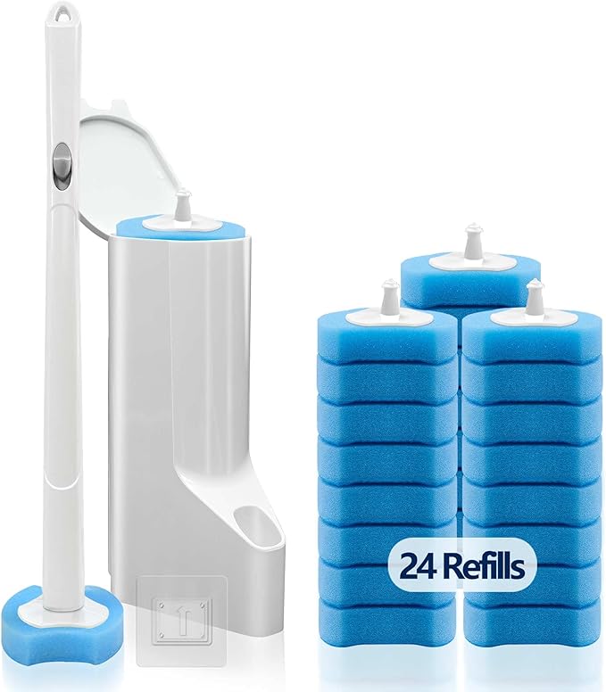 Disposable Toilet Brush with 24 Refills, Toilet Bowl Wand Starter Kit-Wand, Caddy&24 Toilet Brush Refills, Wall-Mounted Toilet Bowl Brush and Holder, Bathroom Cleaning Supplies.