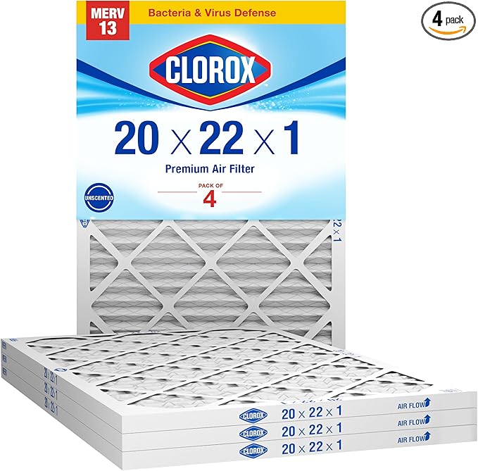 Clorox 20x22x1 Air Filter, MERV 13 Pleated HVAC AC Furnace Air Filters, MPR 1500 & FPR 10 – Pack of 4